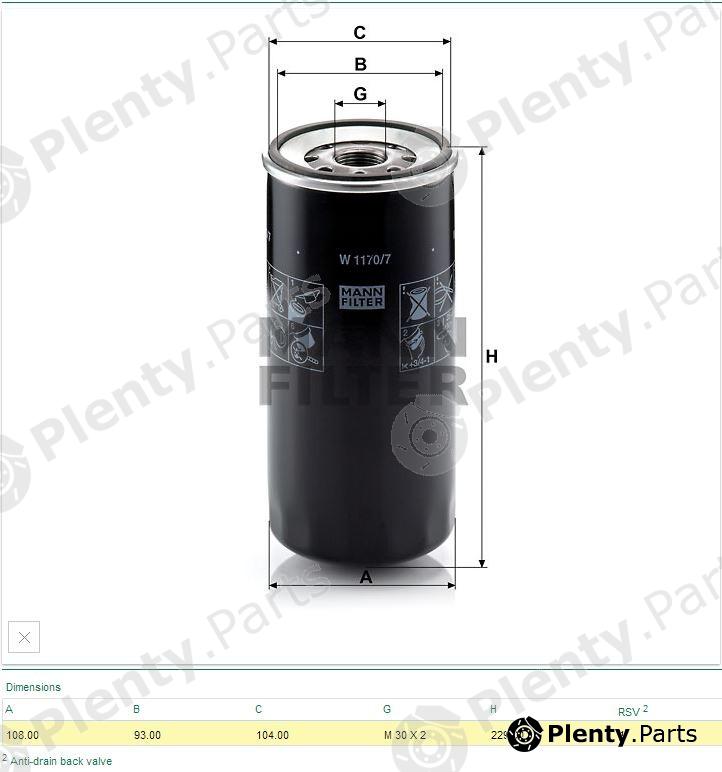 MANN-FILTER part W1170/7 (W11707) Oil Filter