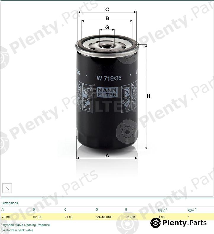  MANN-FILTER part W719/36 (W71936) Oil Filter