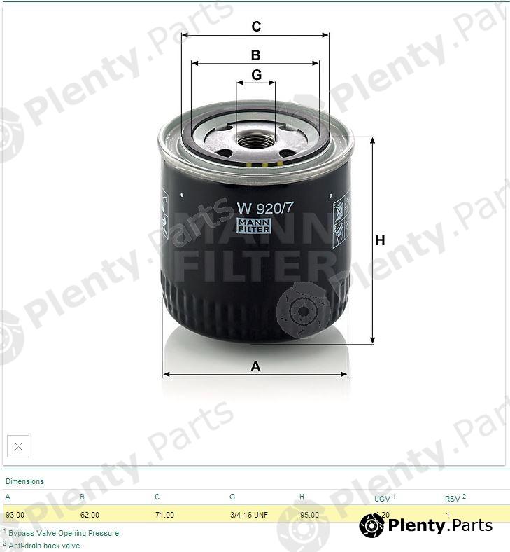  MANN-FILTER part W920/7 (W9207) Oil Filter
