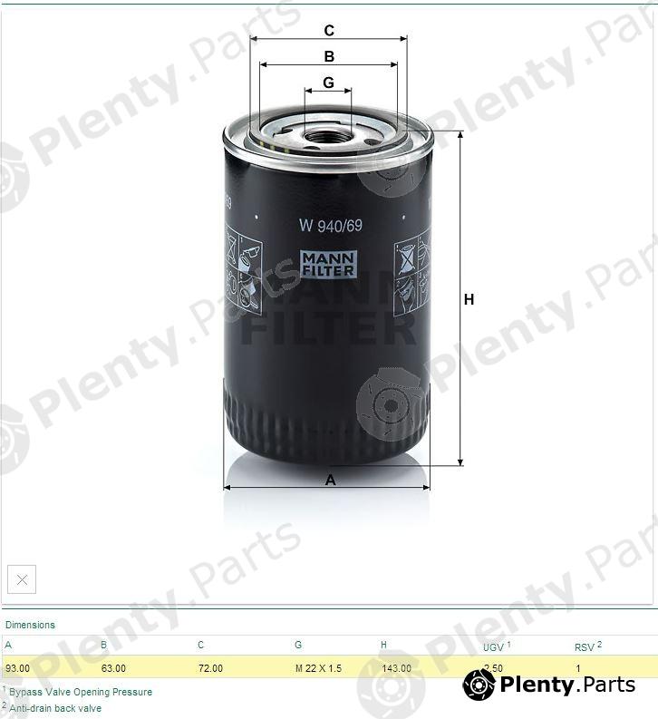  MANN-FILTER part W940/69 (W94069) Oil Filter