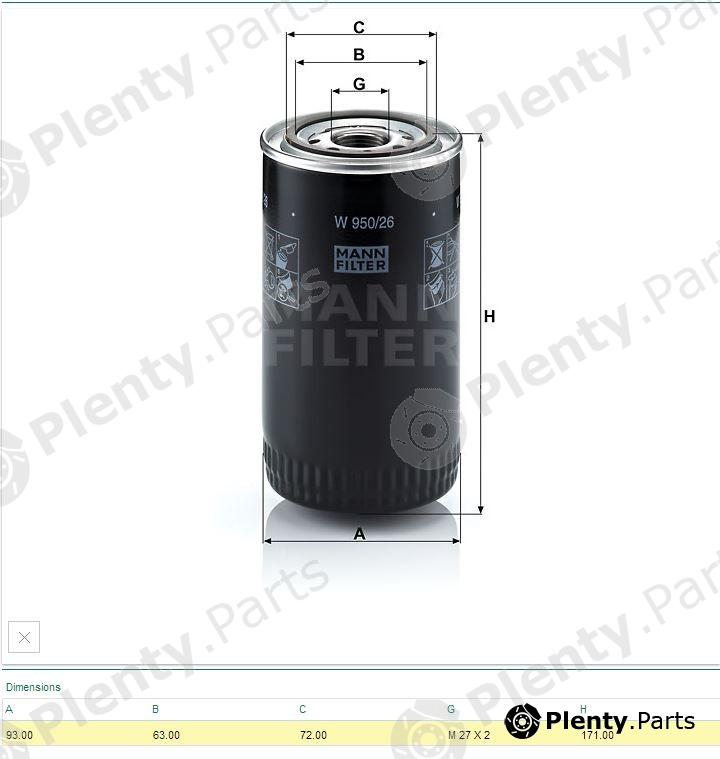  MANN-FILTER part W950/26 (W95026) Oil Filter