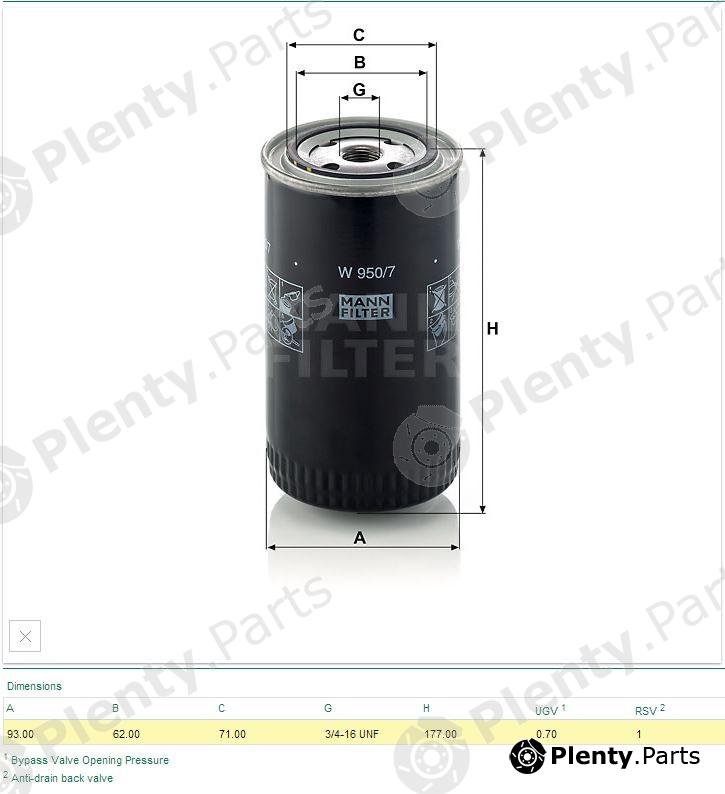  MANN-FILTER part W950/7 (W9507) Oil Filter