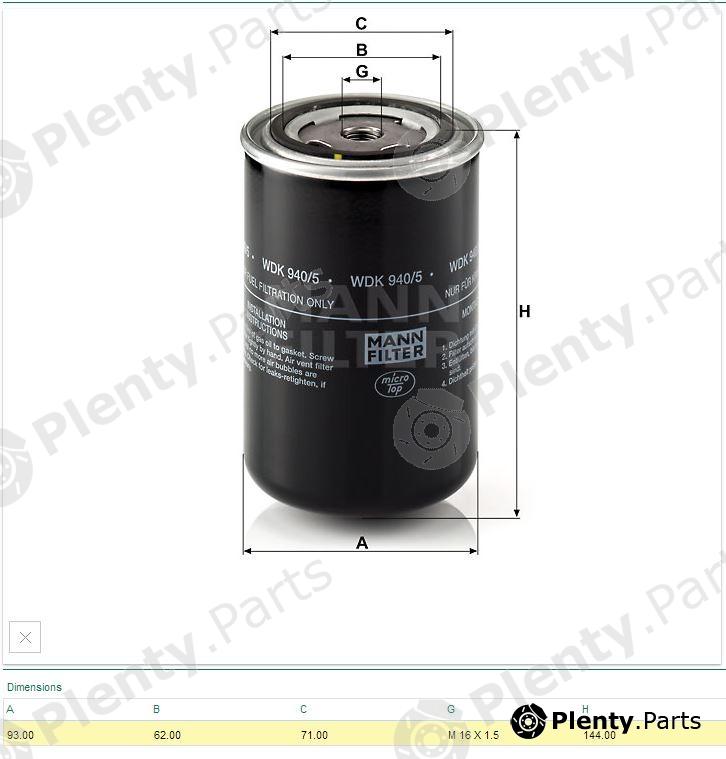  MANN-FILTER part WDK940/5 (WDK9405) Fuel filter
