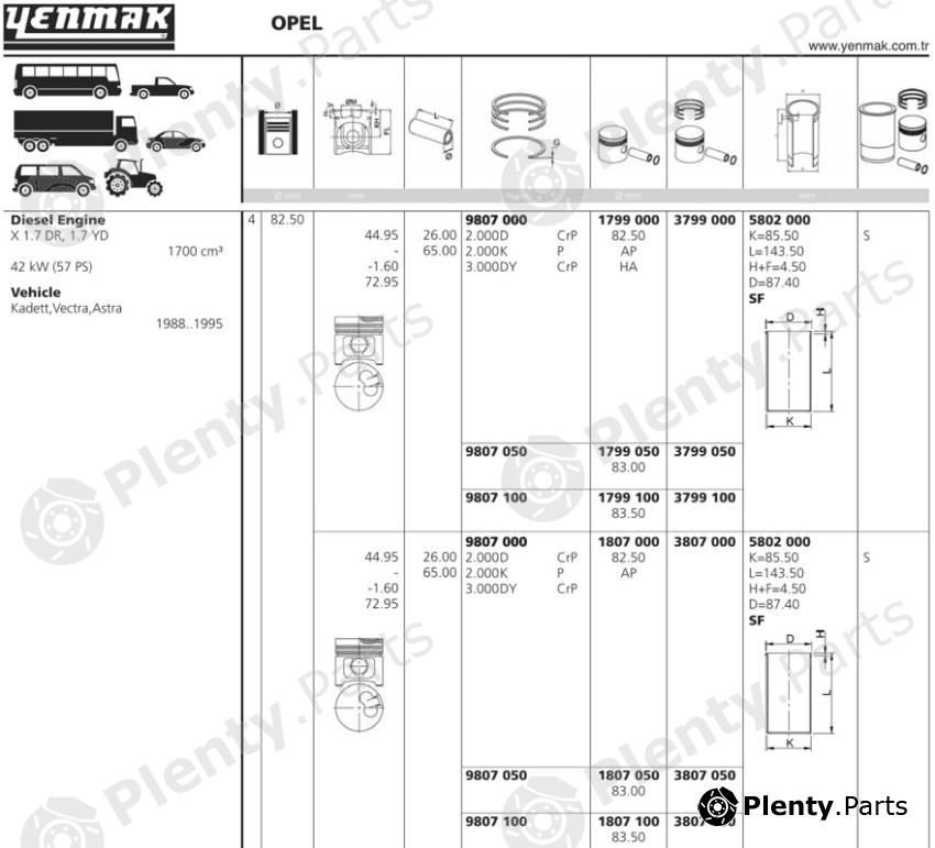  YENMAK part 1807100 Piston with Pin for Opel Astra F / Kadett E 1.7D (+1.00 mm)